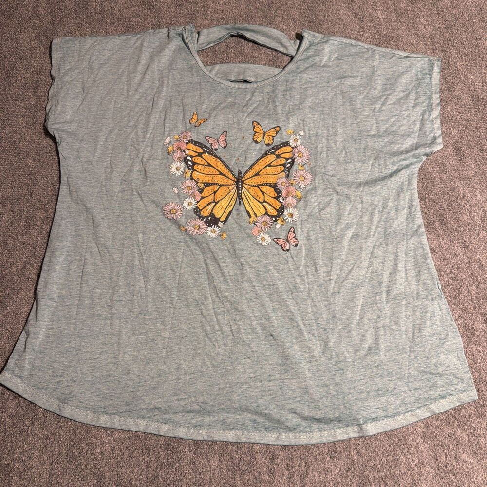Lane Bryant Shirt Womens 18/20 Blue Pullover Butterflies Graphics Short Sleeve